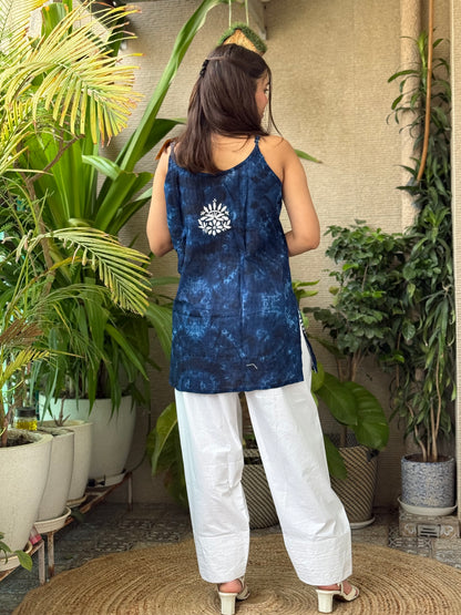 Navy Blue Noodle Strap Chikankari Short Kurti