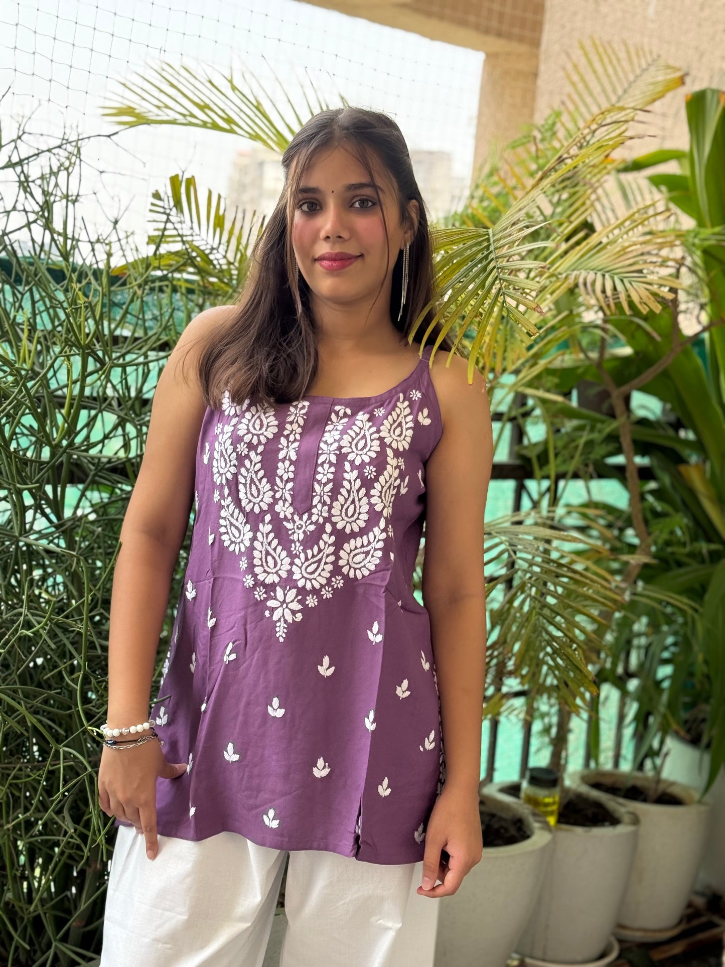 Lavender Noodle Strap Chikankari Short Kurti