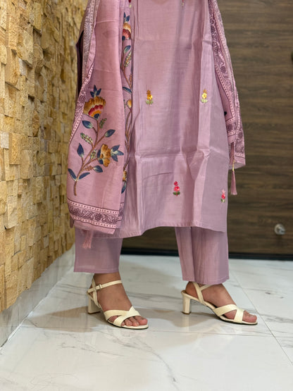 Lavendor Kantha Embroidery Silk with Dupatta Suit Set