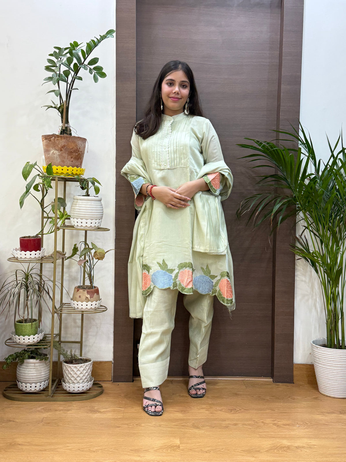 Pista Green Mal Chanderi Pharsi Dupatta Suit Set