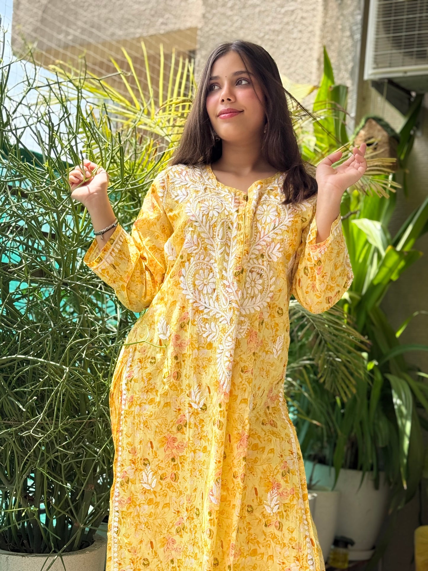 Yellow Chikankari Malmal Co Ord Set
