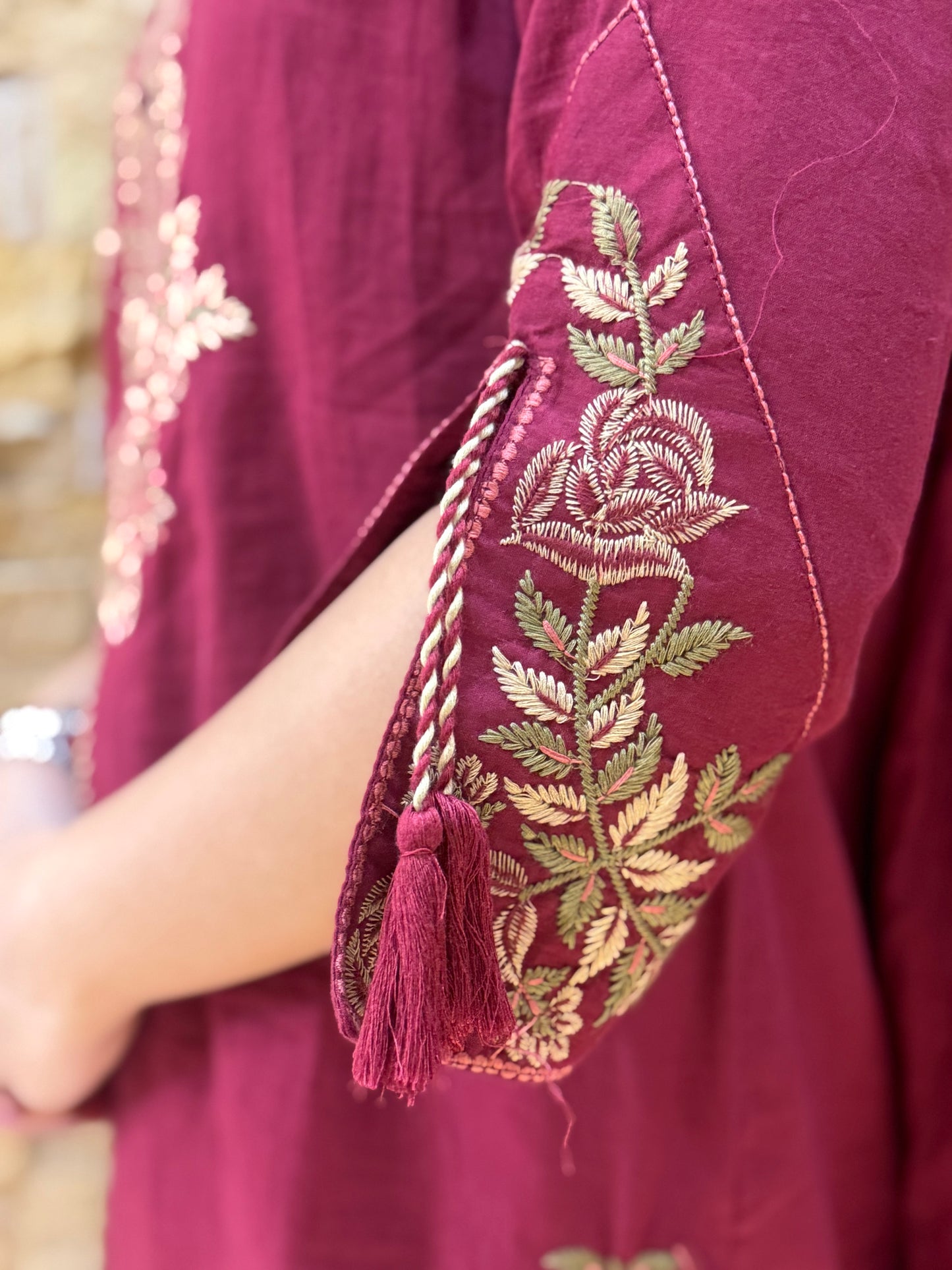 Maroon Pure Cotton Embroidery with Mal Dupatta Suit Set