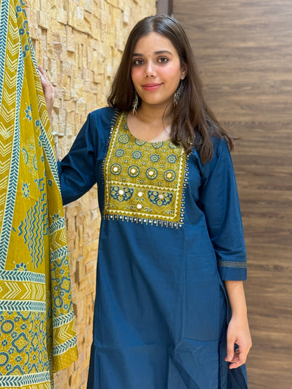Peacock Blue Ajrakh Cotton Suit Set
