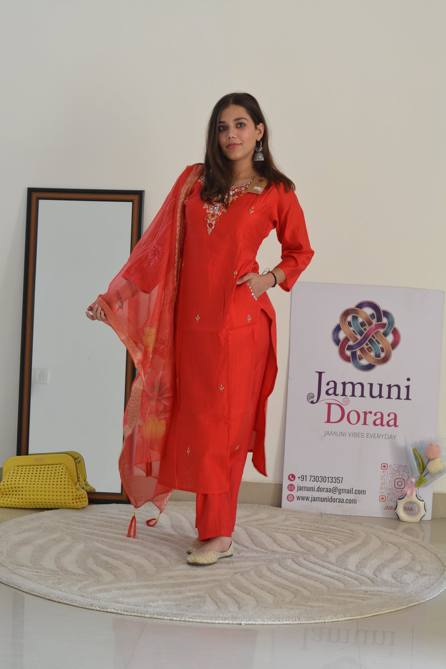 Red Silk with Organza Dupatta Suit Set