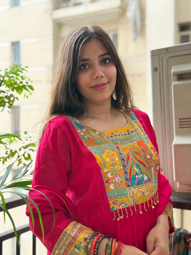 Magenta Mal Chanderi Aline Dupatta Suit Set