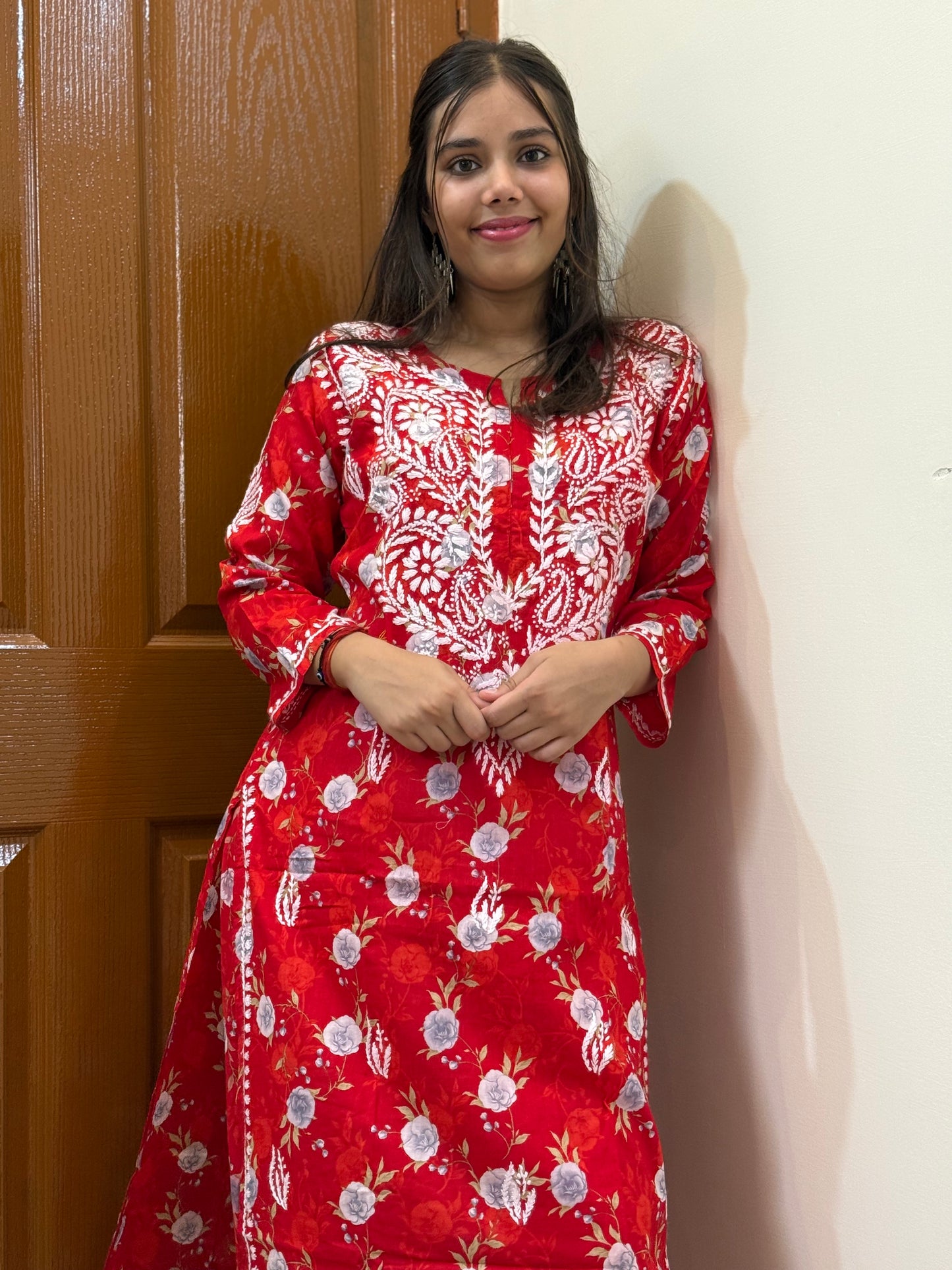 Red Chikankari Malmal Co Ord Set