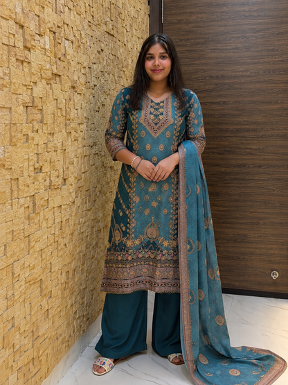 Dark Turquoise Silk with Dupatta Suit Set