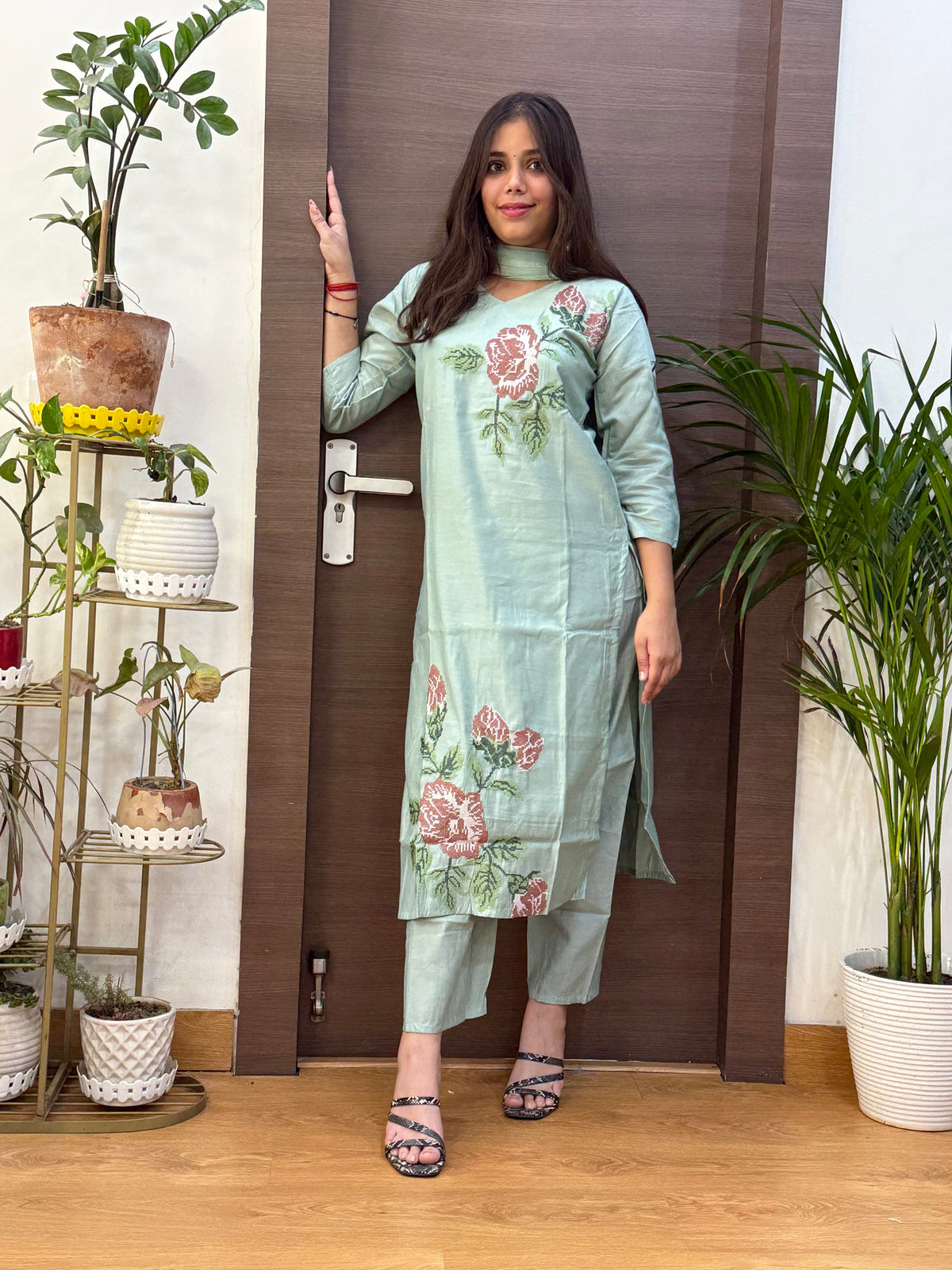 Sage Green Silk Sindhi Embroidery Dupatta Suit Set