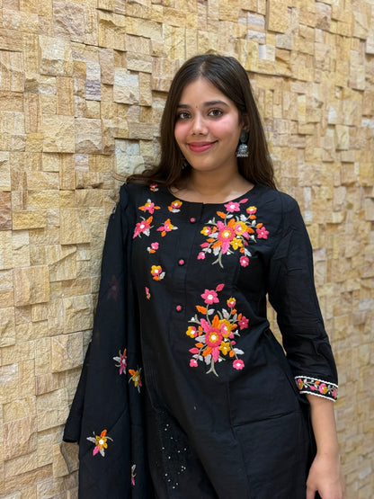 Black Pure Cotton Embroidery with Mal Dupatta Suit Set