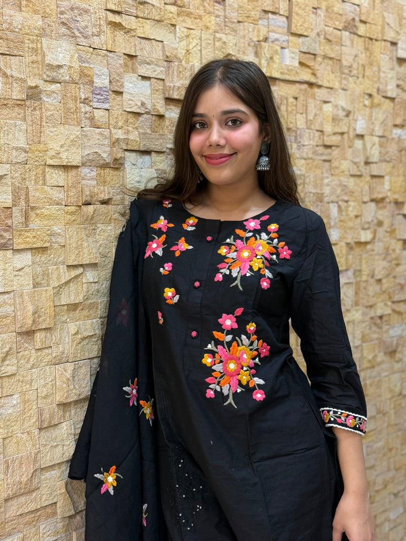 Black Pure Cotton Embroidery with Mal Dupatta Suit Set