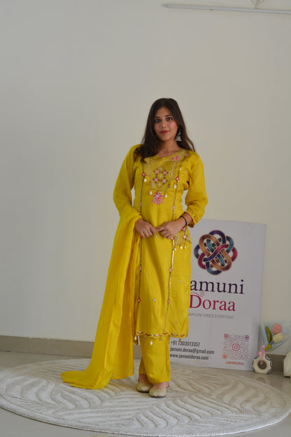 Yellow Dola Silk with Pockets and Dupatta  Suit Set
