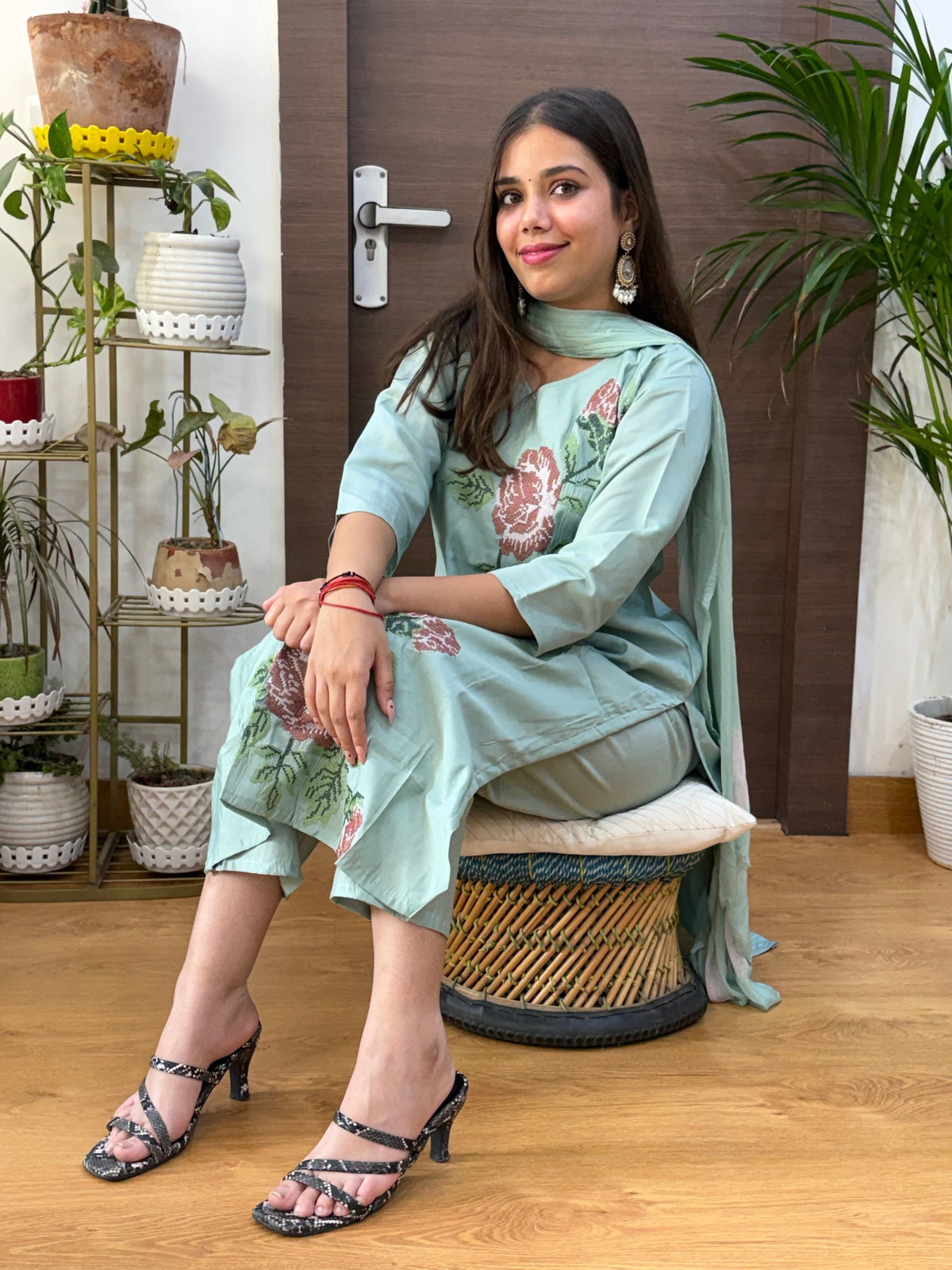 Sage Green Silk Sindhi Embroidery Dupatta Suit Set