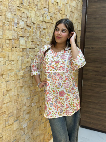 Cream multicolour floral Print Short Kurti