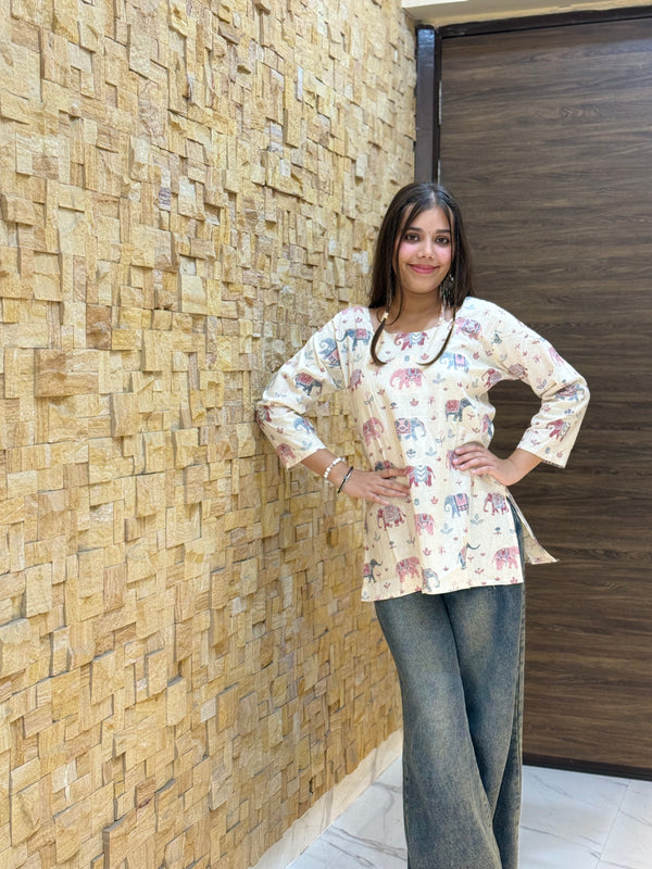 Off White Elephant Print Short Kurti