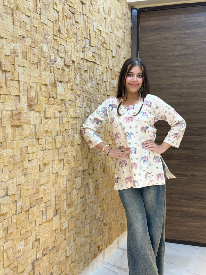 Off White Elephant Print Short Kurti