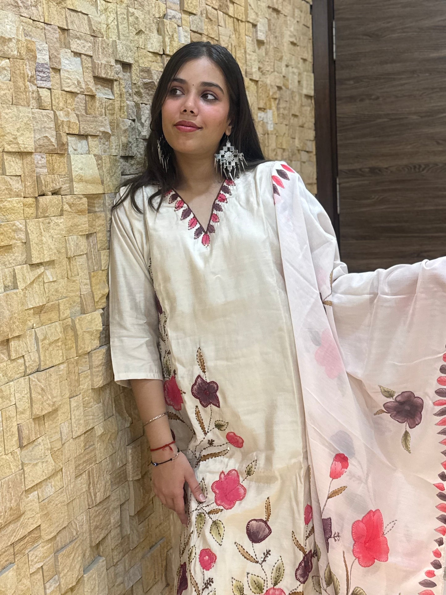 Beige Kantha Embroidery Silk with Dupatta Suit Set