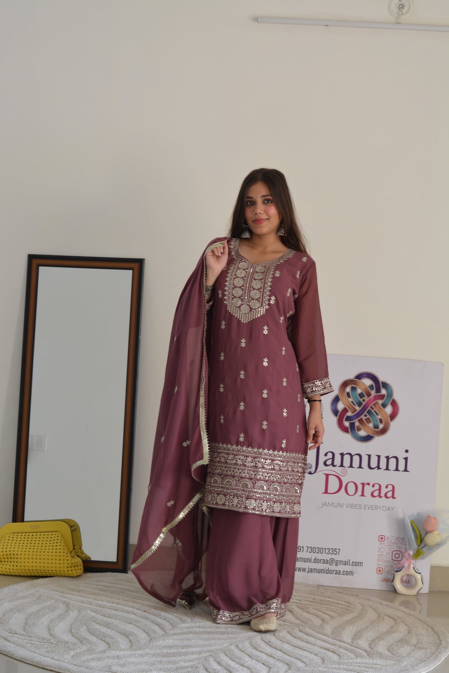 Mustard Chiffon with Floral Vine Embroidery Suit Set