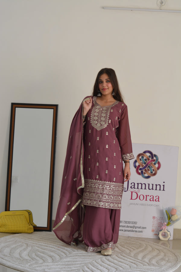 Mustard Chiffon with Floral Vine Embroidery Suit Set