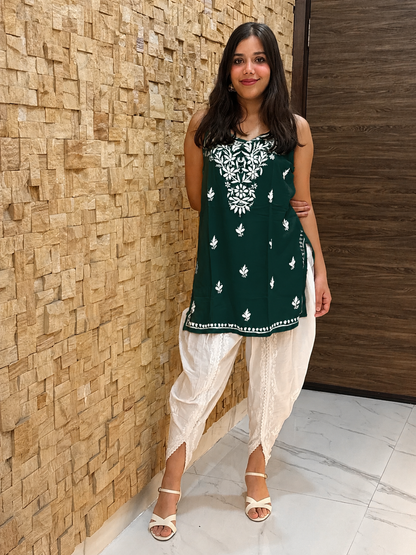 Bottle Green Noodle Strap Chikankari Short Kurti