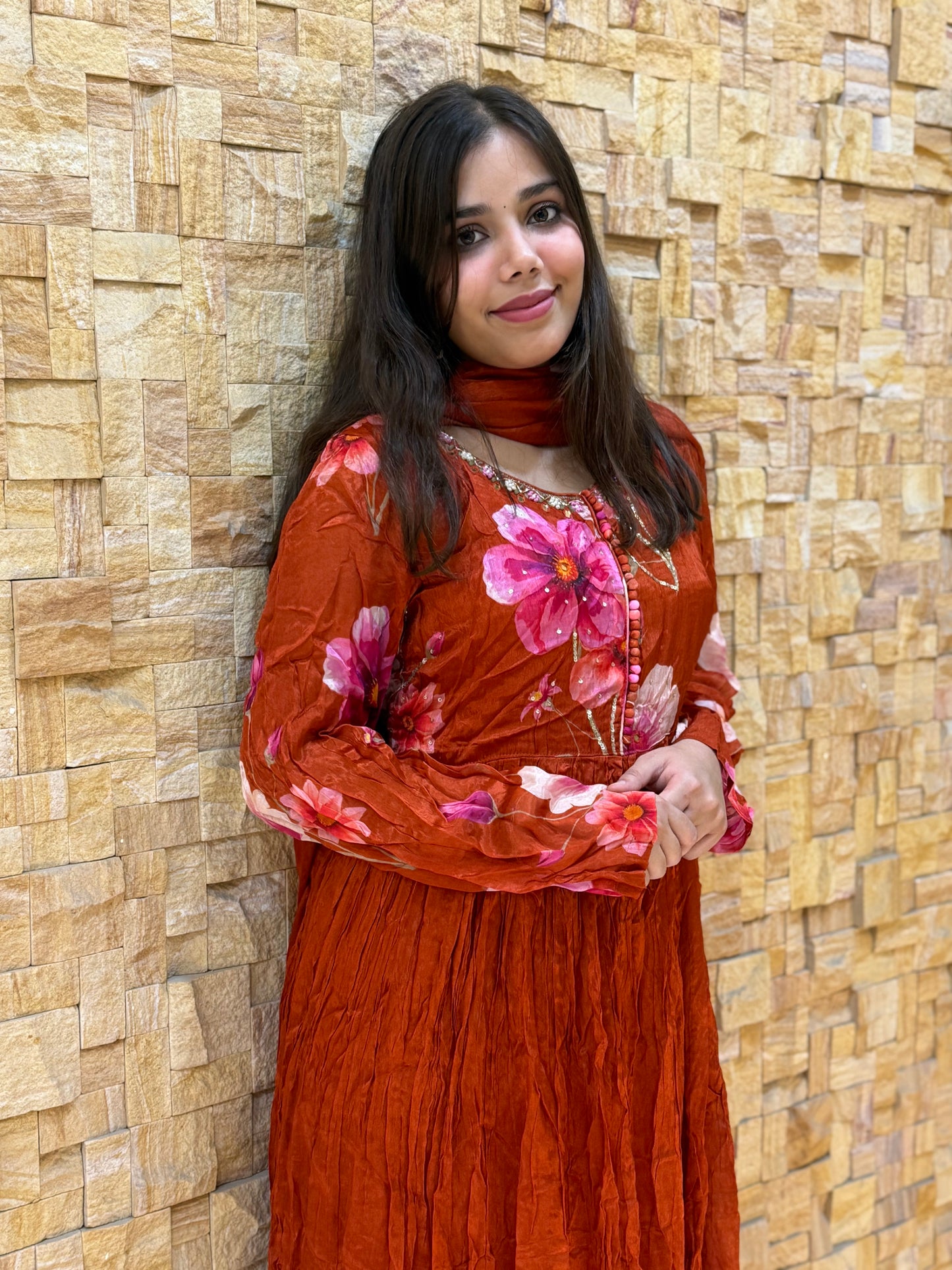 Rust Pure Chinon Anarakali Suit Set