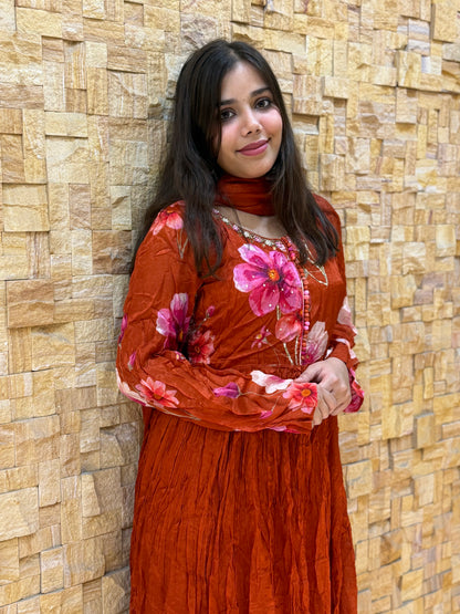 Rust Pure Chinon Anarakali Suit Set