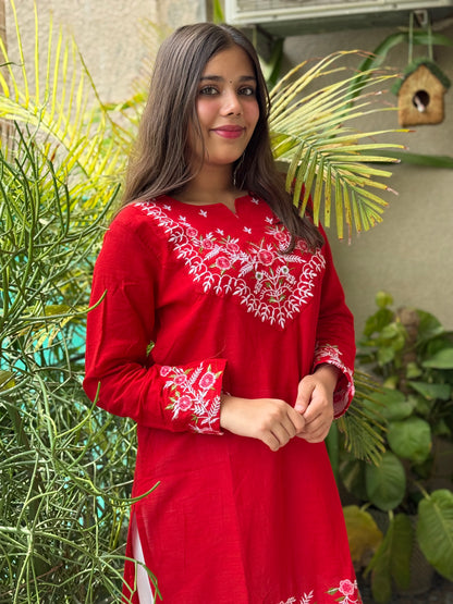 Red Cotton Embroidery Co Ord Set