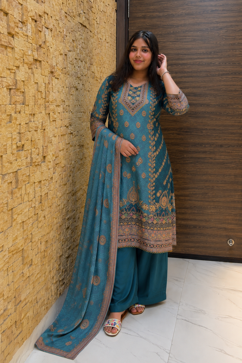 Dark Turquoise Silk with Dupatta Suit Set