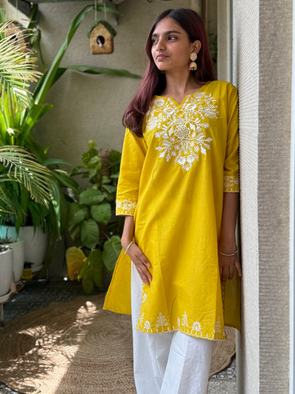 Yellow Cotton Embroidery Co Ord Set