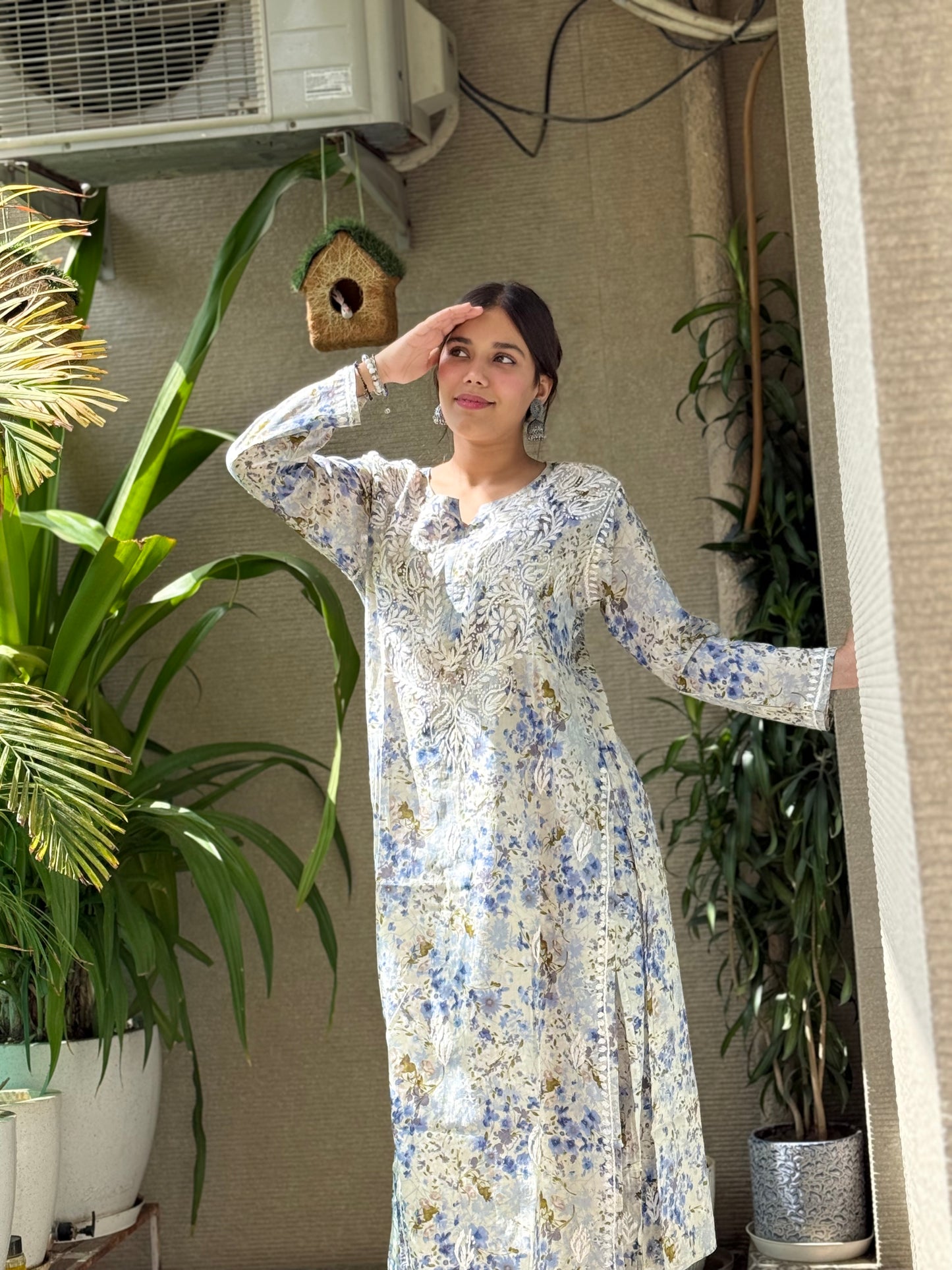 Powder Blue Chikankari Malmal Co Ord Set