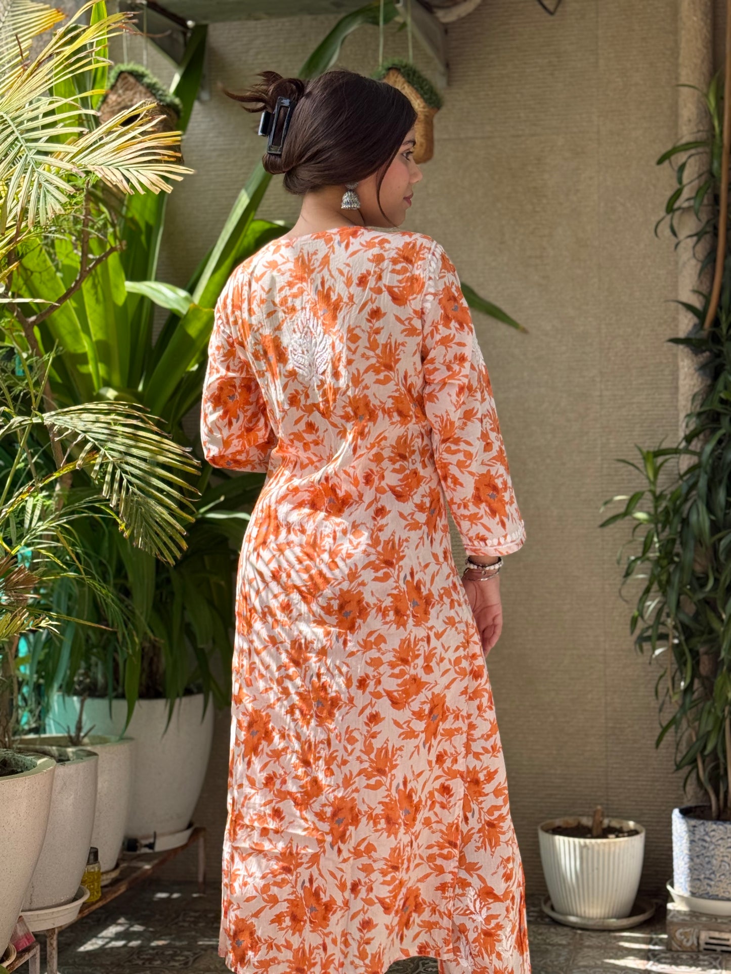 Orange Chikankari Malmal Co Ord Set