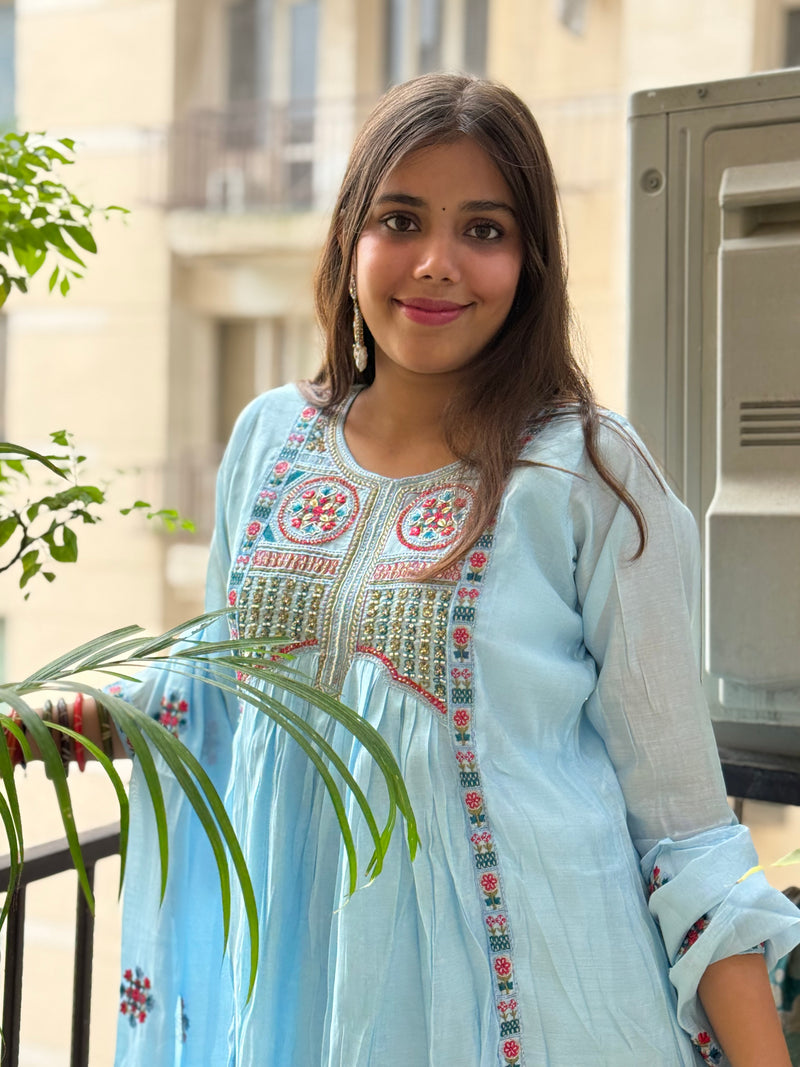 Powder Blue Mal Chanderi Aline Dupatta Suit Set