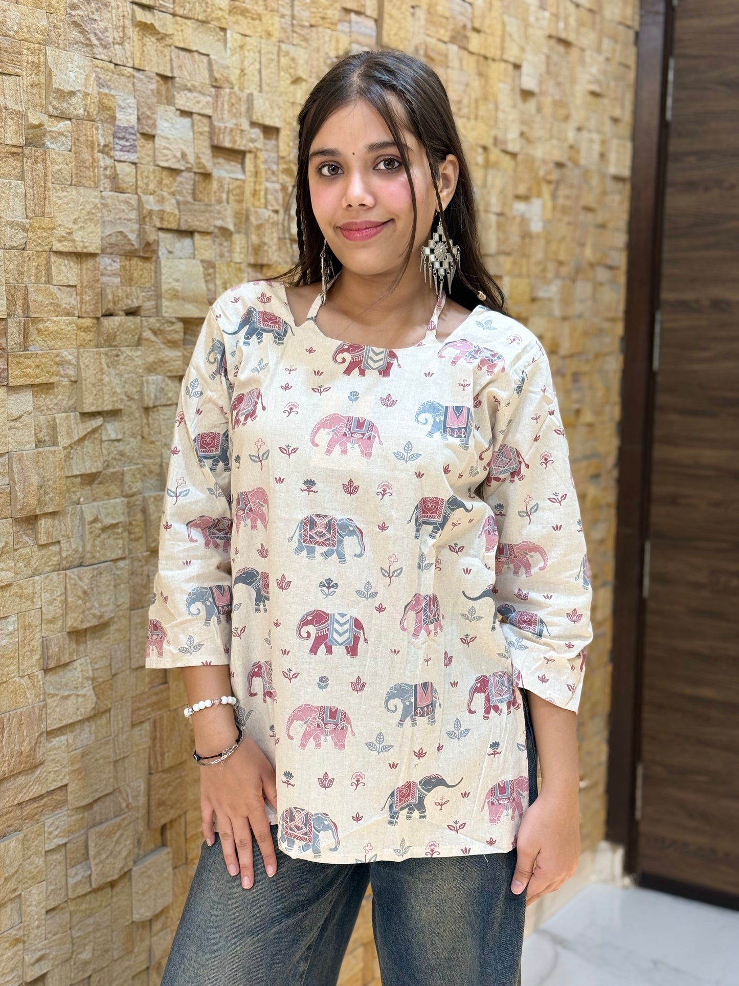 Off White Elephant Print Short Kurti