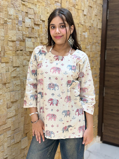 Off White Elephant Print Short Kurti