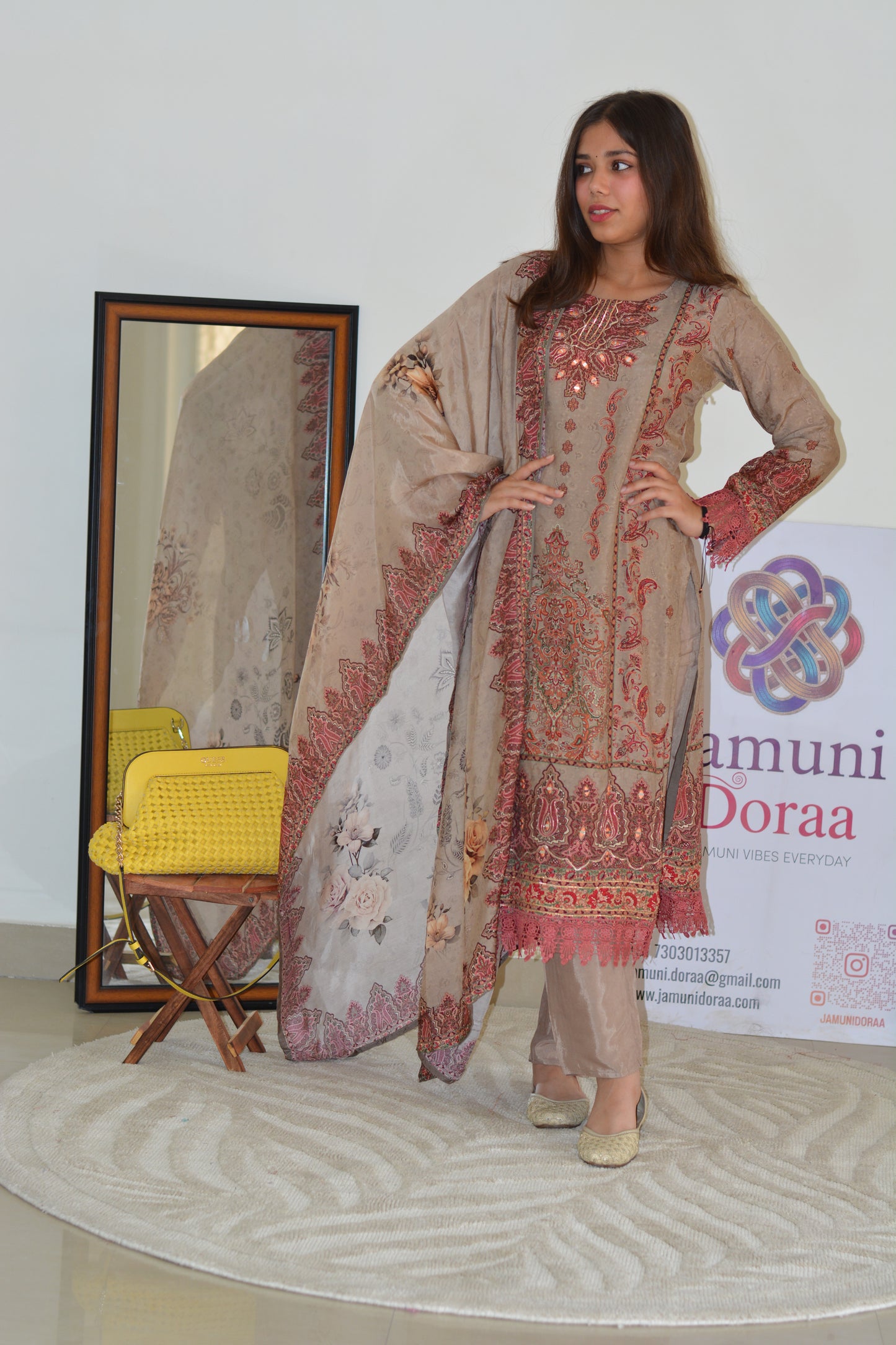 Dark Beige Dola Silk Pakistani Style Suit Set