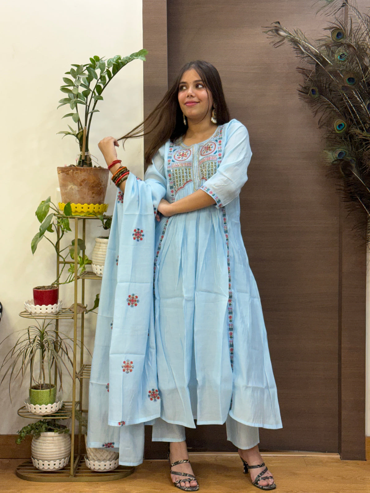 Powder Blue Mal Chanderi Aline Dupatta Suit Set