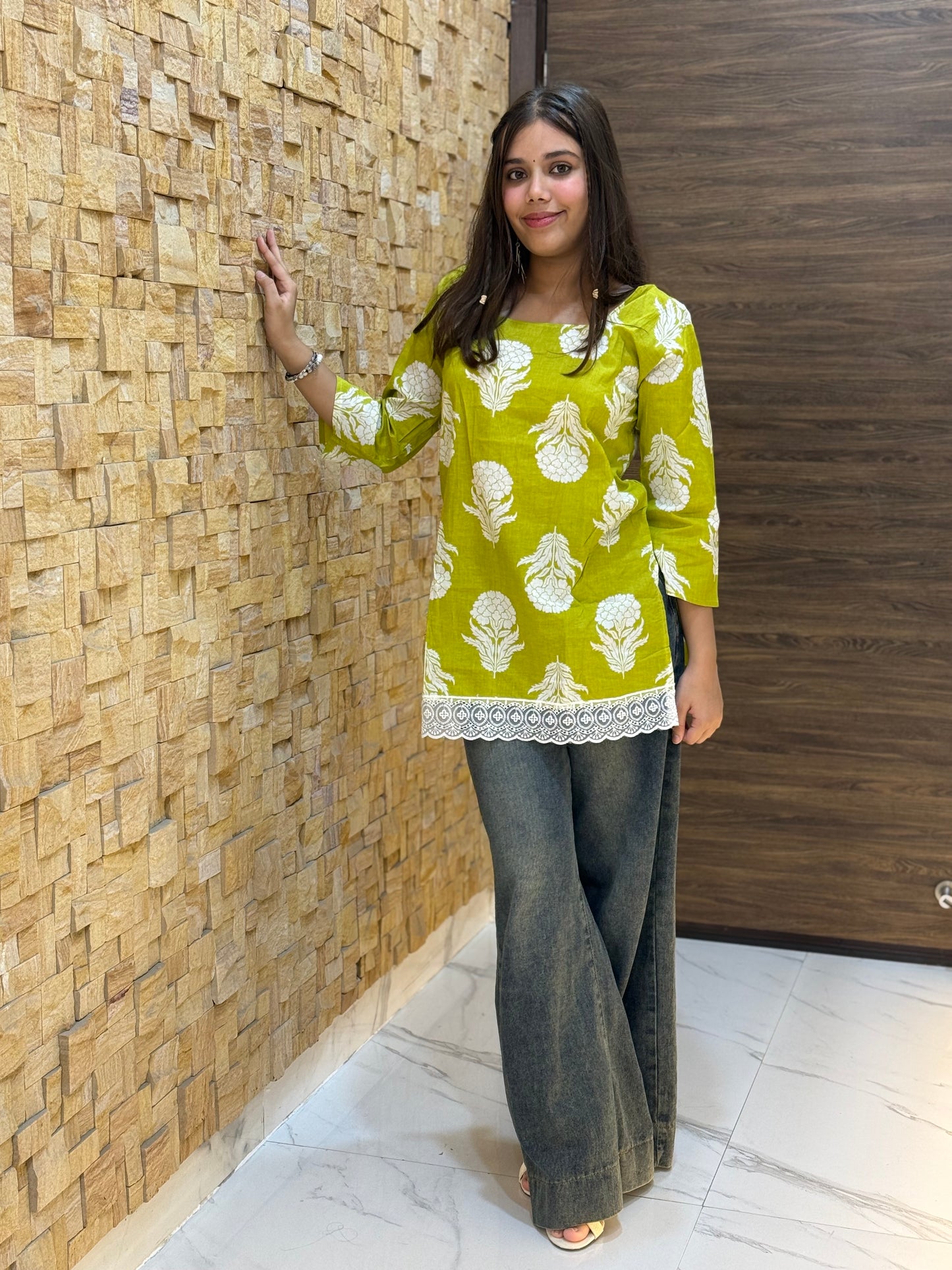 Green Floral Print Corset Short Kurti