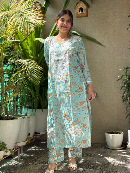 Turquoise Chikankari Malmal Co Ord Set