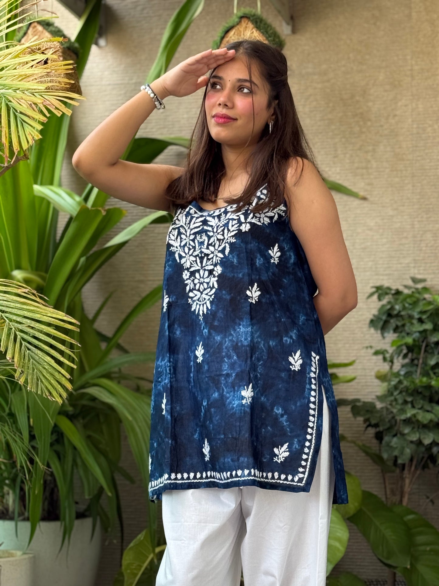 Navy Blue Noodle Strap Chikankari Short Kurti