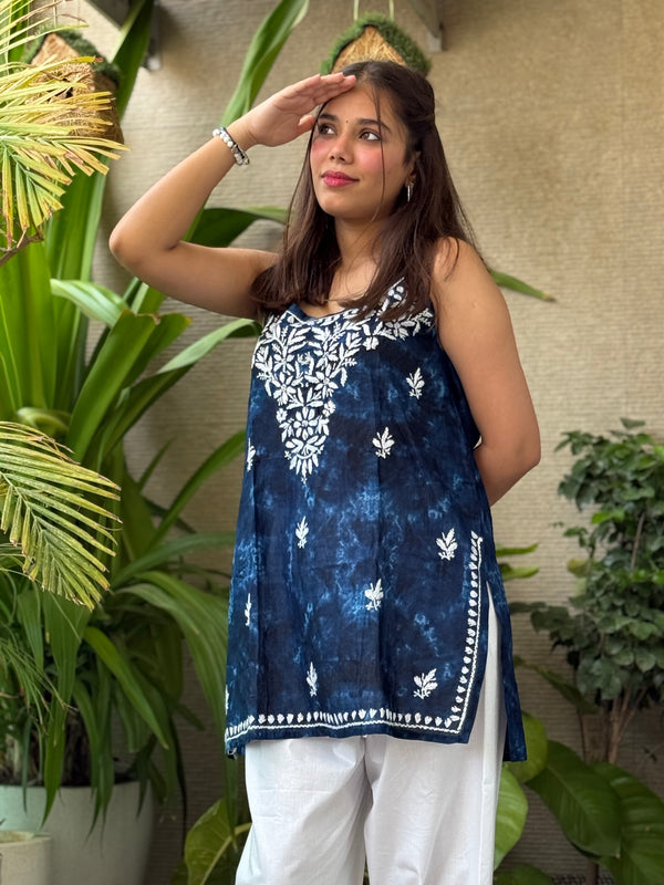 Navy Blue Noodle Strap Chikankari Short Kurti