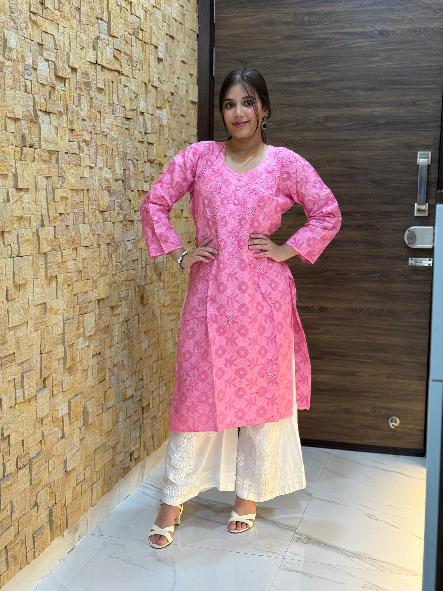 Rose Pink Cotton Chikankari Kurti