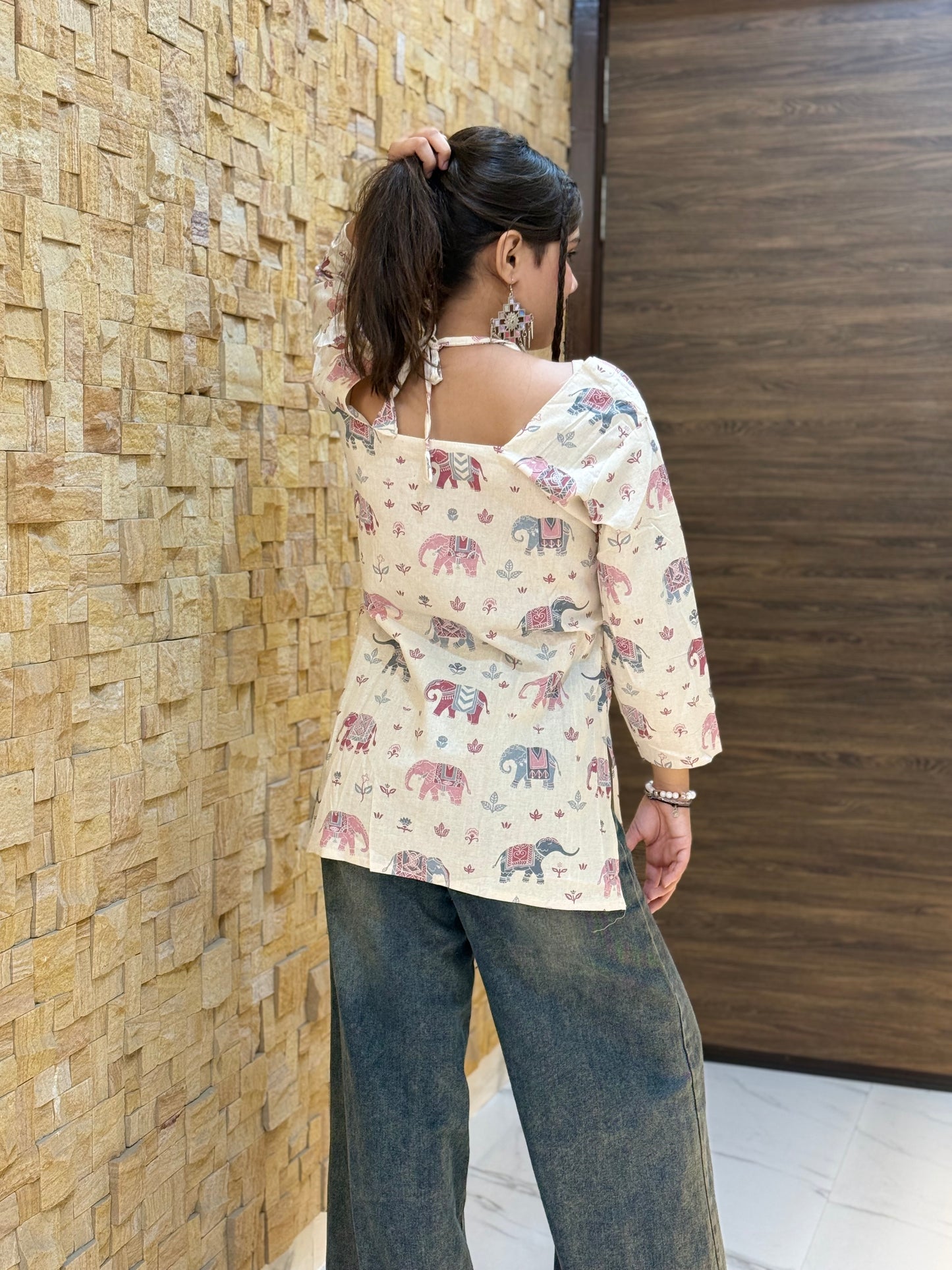 Off White Elephant Print Short Kurti