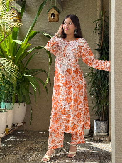Orange Chikankari Malmal Co Ord Set