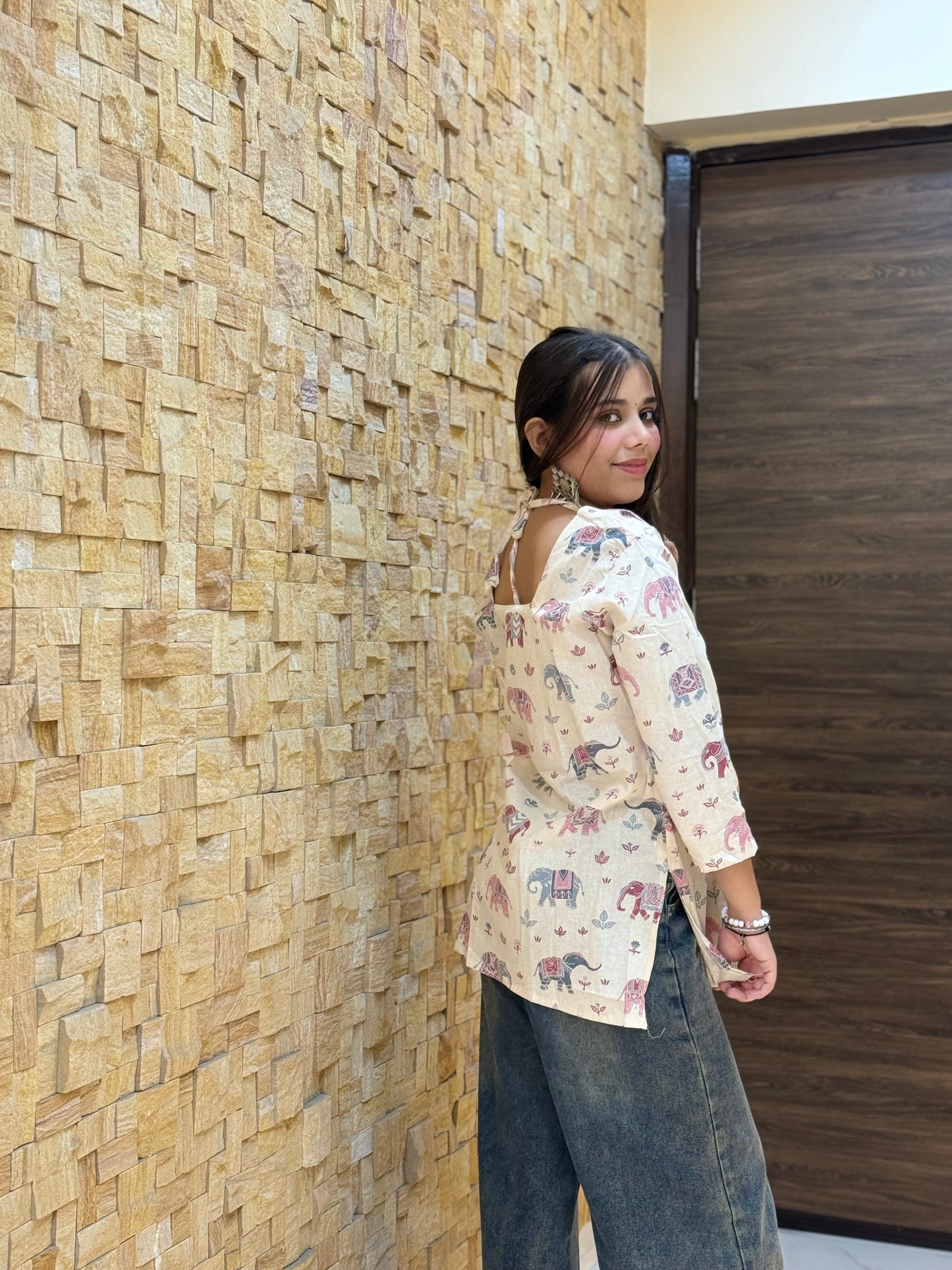 Off White Elephant Print Short Kurti