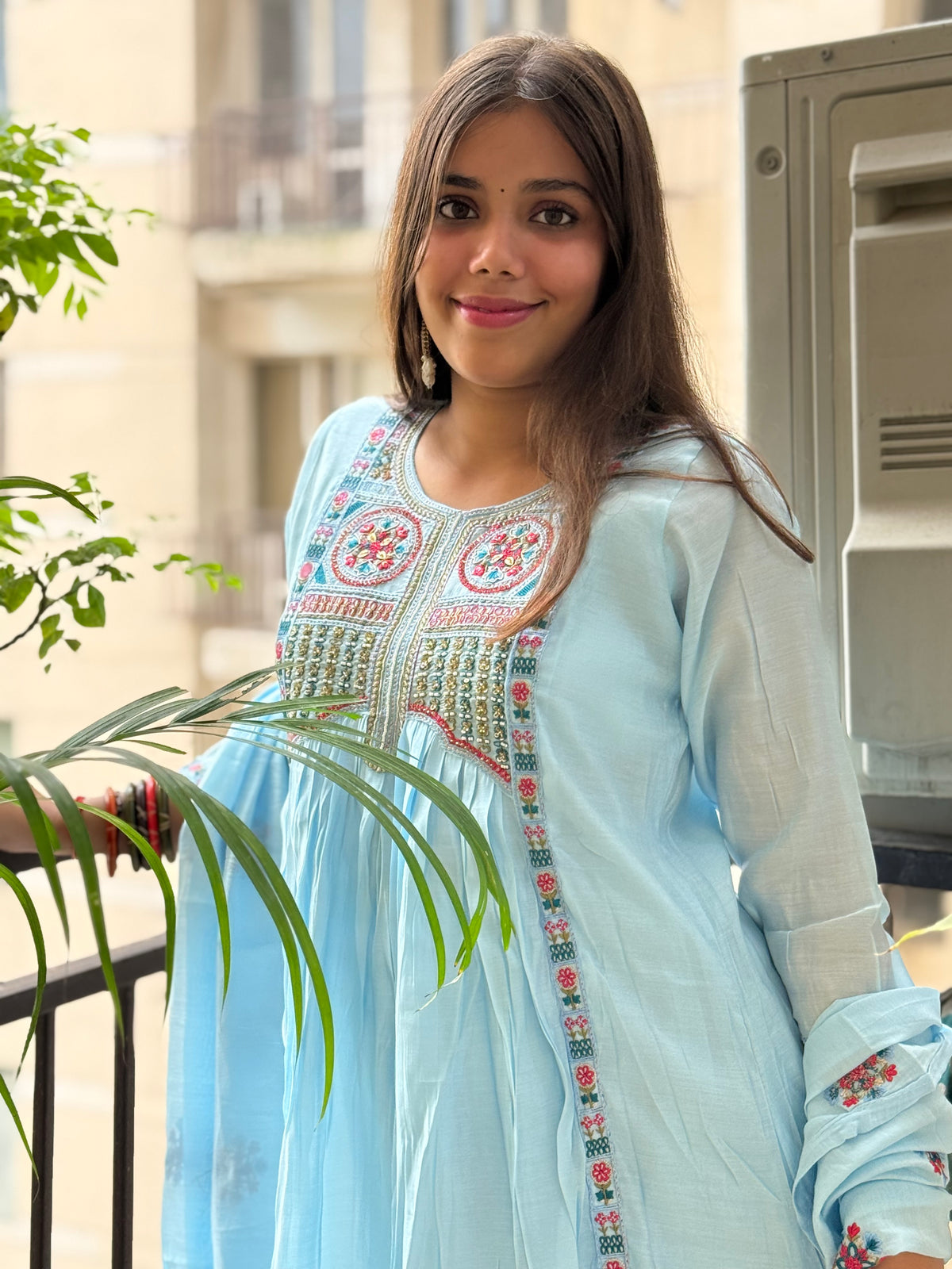 Powder Blue Mal Chanderi Aline Dupatta Suit Set