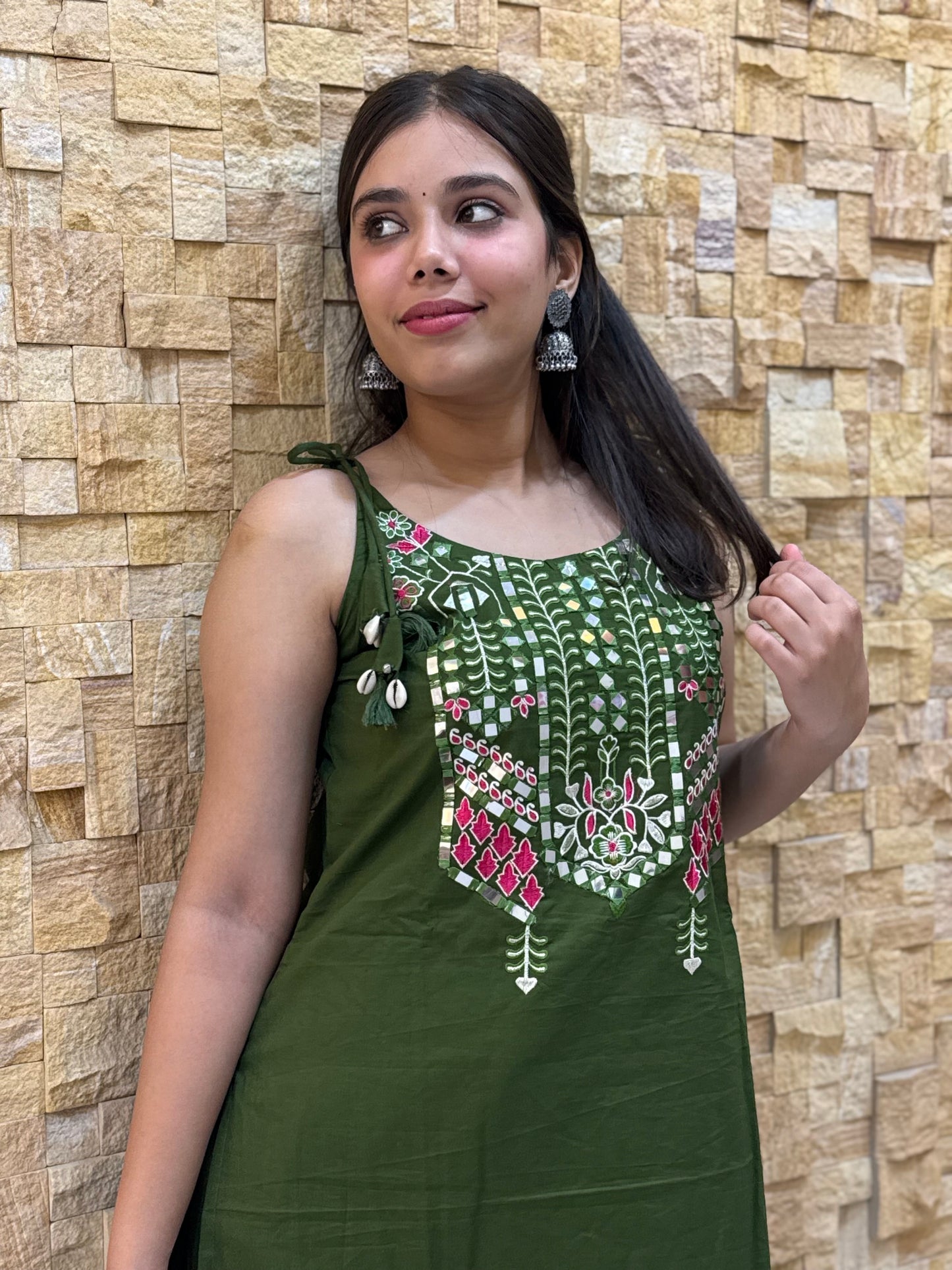 Green Cotton Embroidery with Tie Knot details Co Ord Set