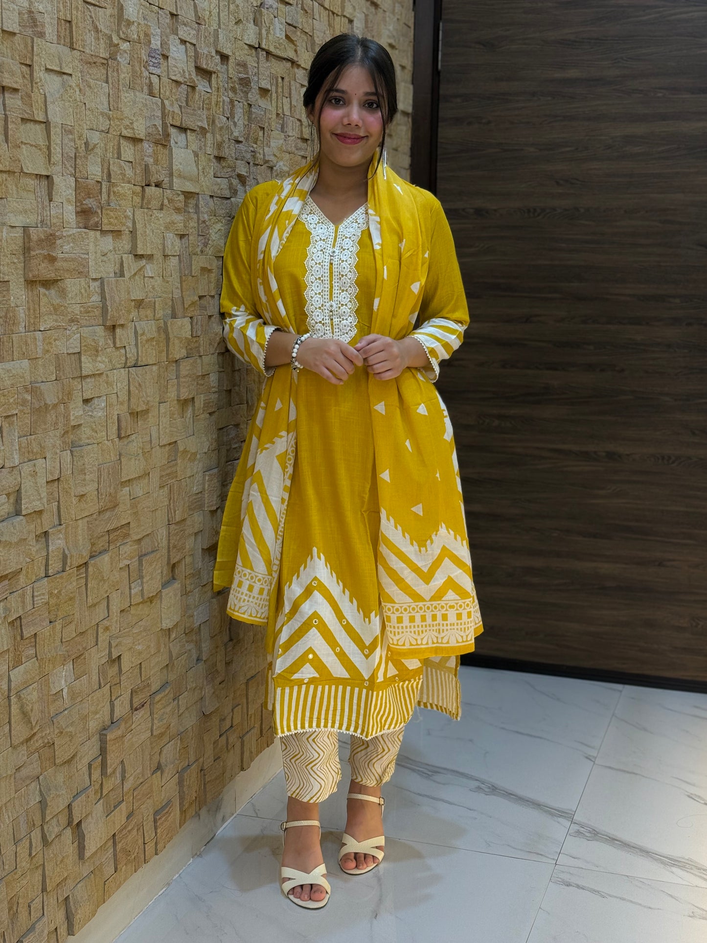 Yellow Digital Print Cotton Suit Set