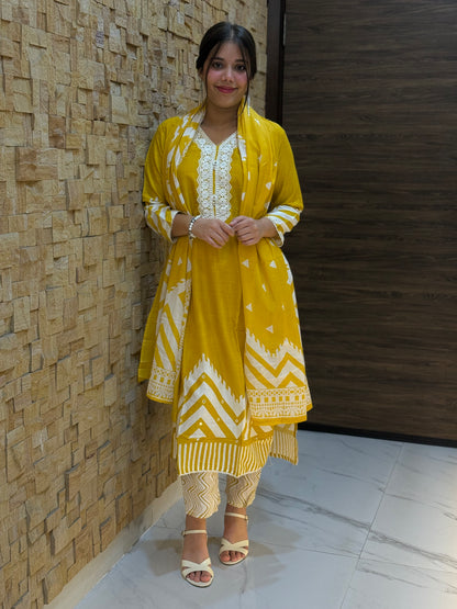 Yellow Digital Print Cotton Suit Set