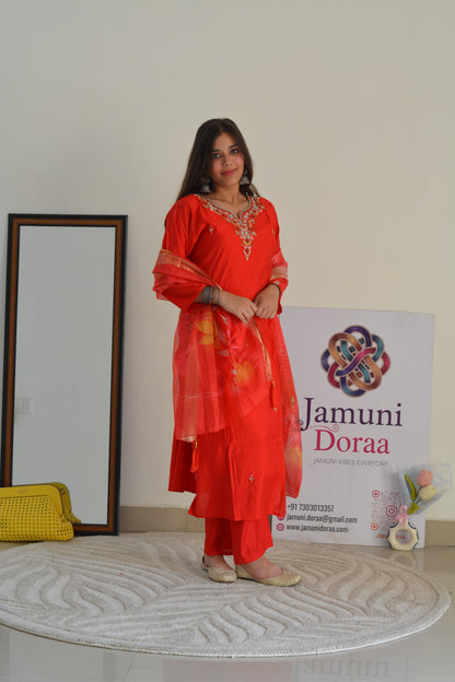 Red Silk with Organza Dupatta Suit Set
