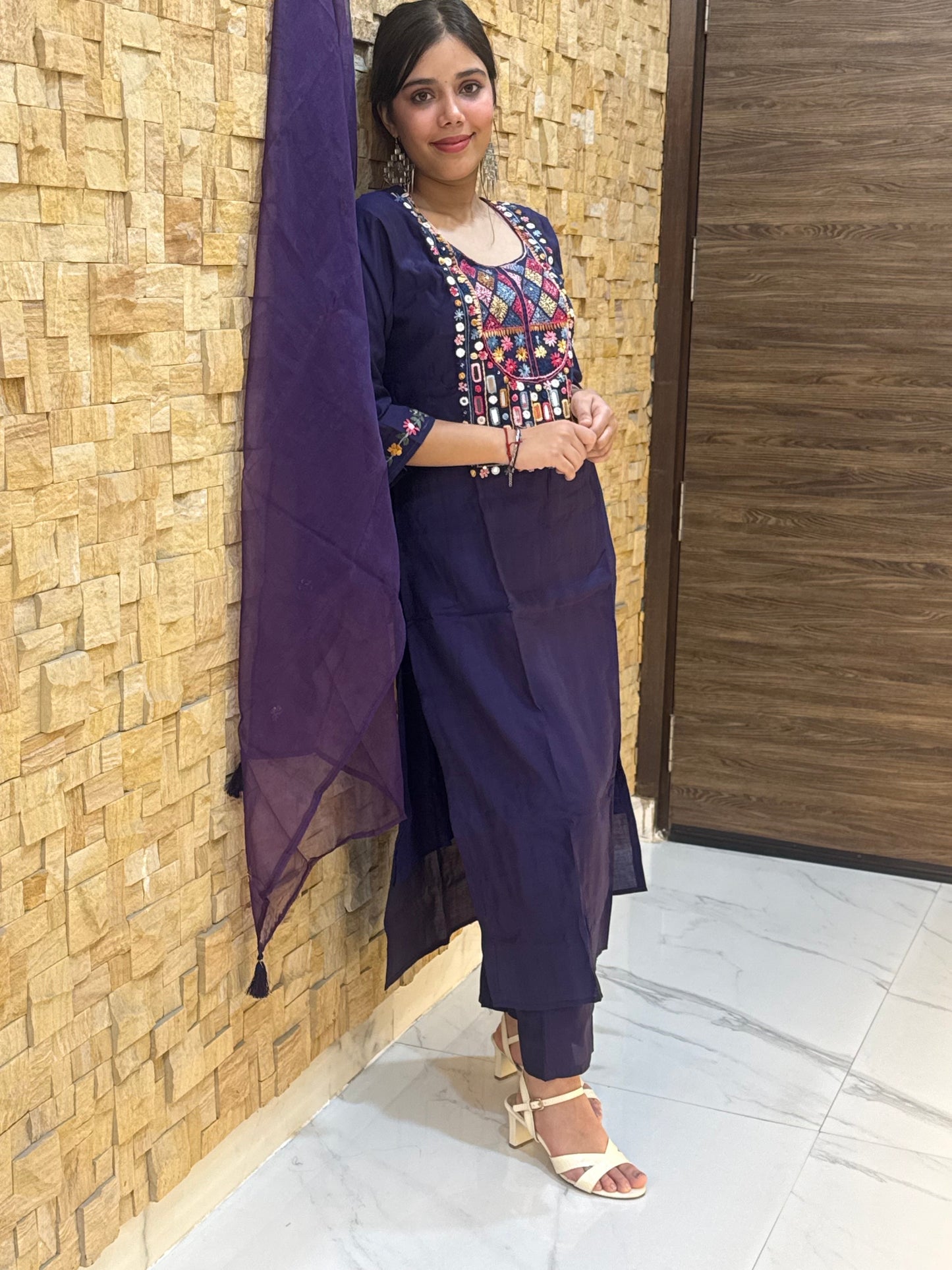 Purple Kantha Embroidery Silk with Dupatta Suit Set