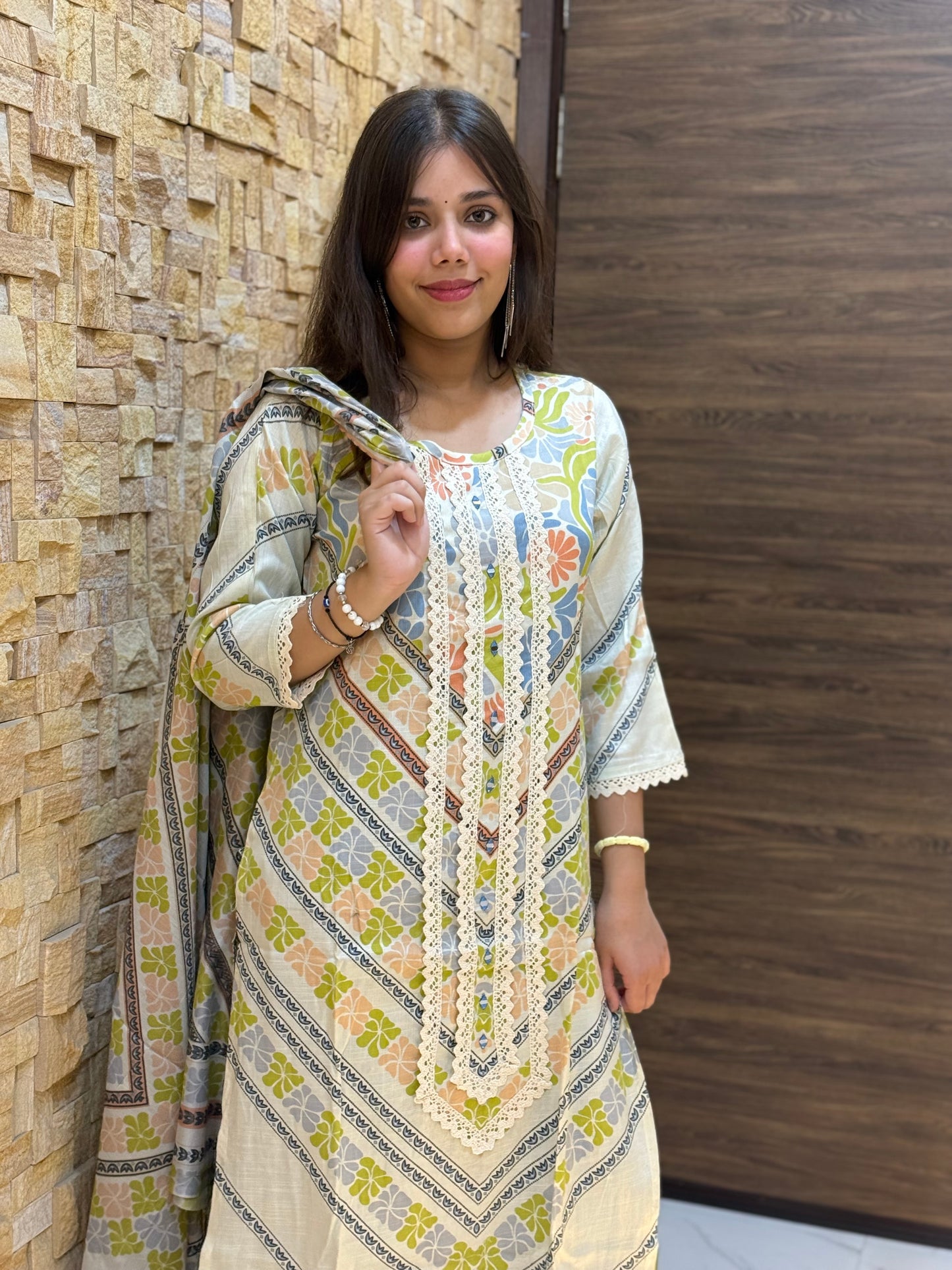 Beige and green Digital Print Cotton Suit Set